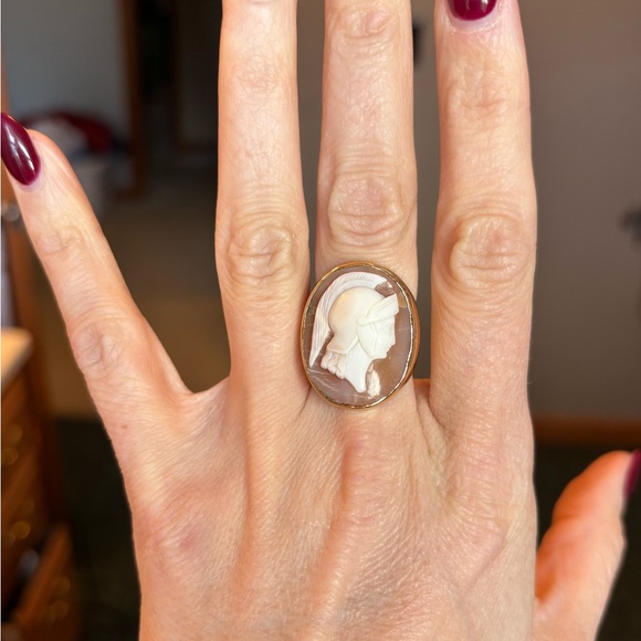 14K Gold Cameo Ring Carved Shell Athena or Roman Soldier size 7.25 - Picture 11 of 16